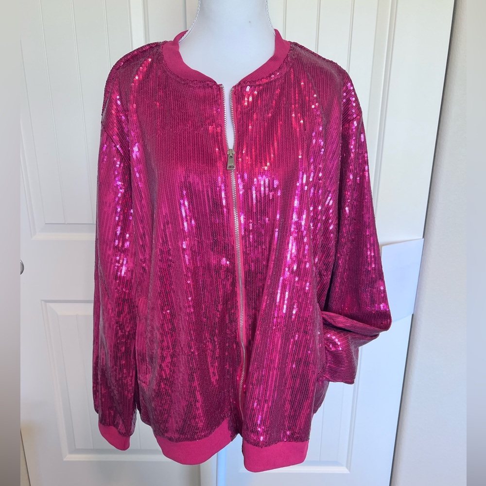NWOT Raspberry Pink Sequin Bomber Jacket 2X with stretch